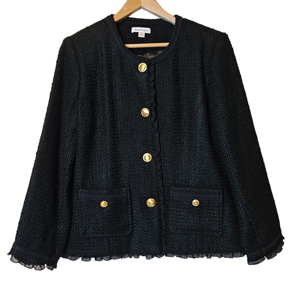 Joan Rivers Bouclé Tweed Jacket Women Size 10 Black Ruffle Trim Gold Button A216